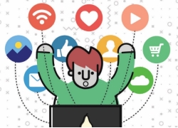 Illustration of a person showing him doing many tasks on computer.